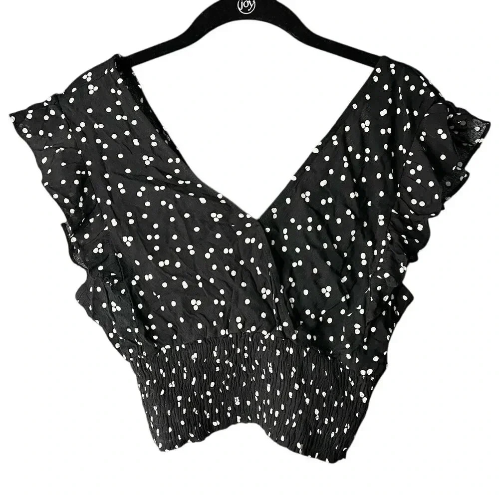 Polka‎ Dot Ruffle Sleeve Crop Top V-Neck Black and White Blouse A33